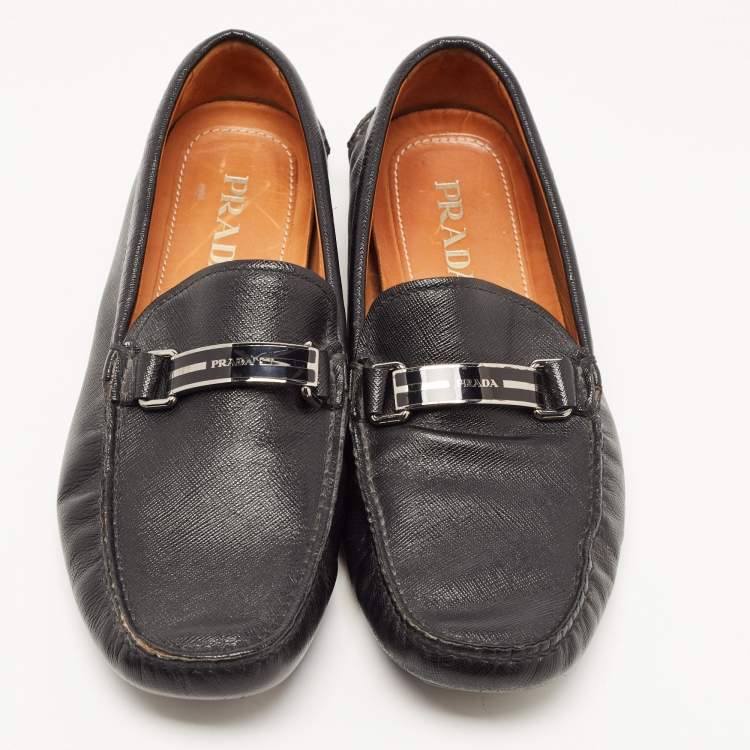 Pre Owned Prada Black Saffiano Leather Slip On Loafers Size 42