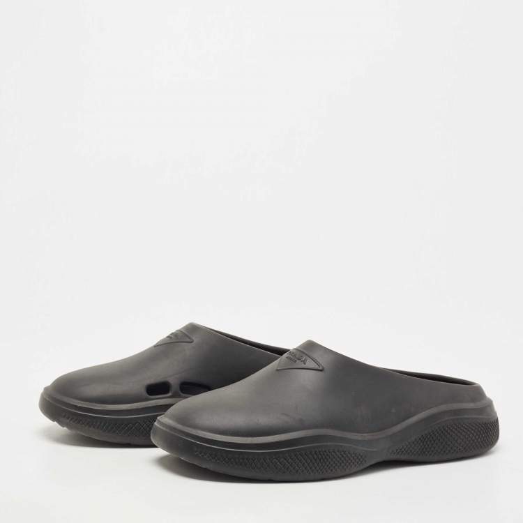 Pre Owned Prada Black Rubber Logo Mules Size 42 