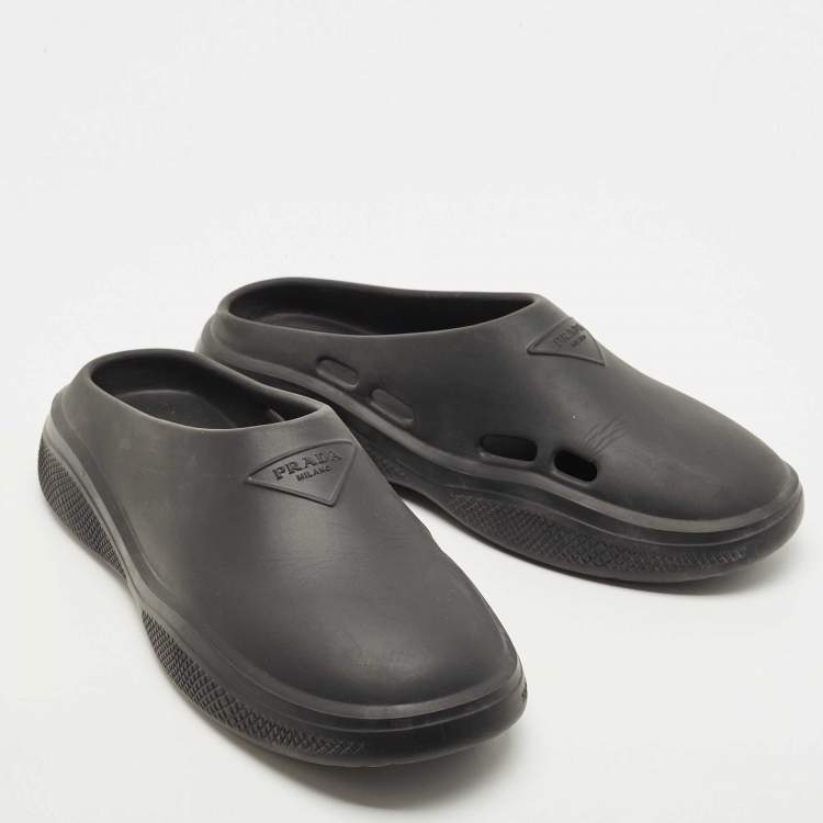 Pre Owned Prada Black Rubber Logo Mules Size 42 
