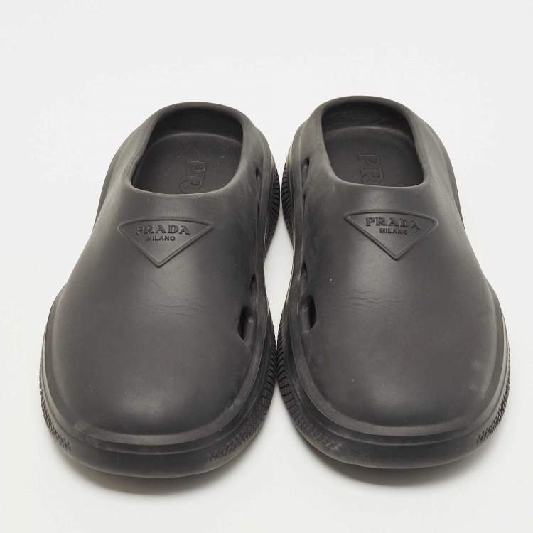 Pre Owned Prada Black Rubber Logo Mules Size 42 