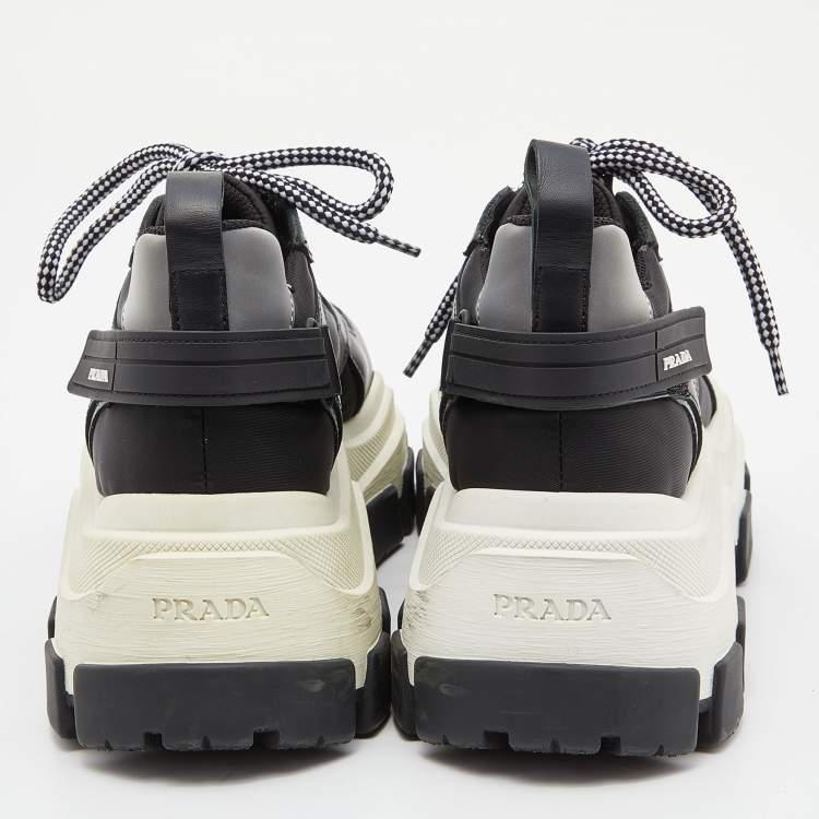 Pre Owned Prada Black/Grey Leather and Fabric Low Top Sneakers Size 39