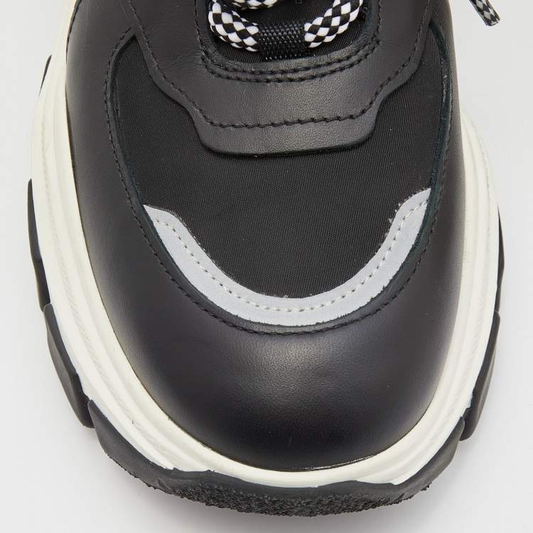 Pre Owned Prada Black/Grey Leather and Fabric Low Top Sneakers Size 39