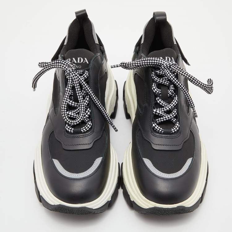 Pre Owned Prada Black/Grey Leather and Fabric Low Top Sneakers Size 39