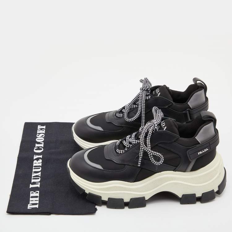 Pre Owned Prada Black/Grey Leather and Fabric Low Top Sneakers Size 39