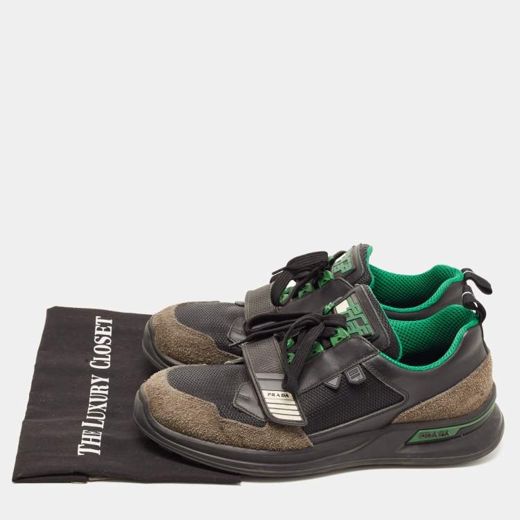 Pre Owned Prada Black/Green Leather and Mesh Mechano Sneakers Size 42.5 