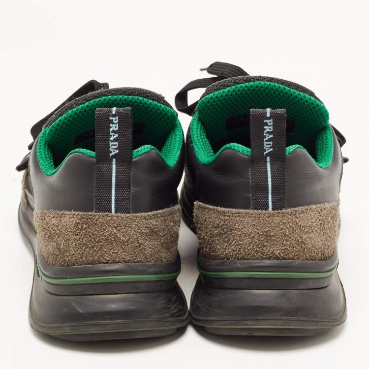 Pre Owned Prada Black/Green Leather and Mesh Mechano Sneakers Size 42.5 