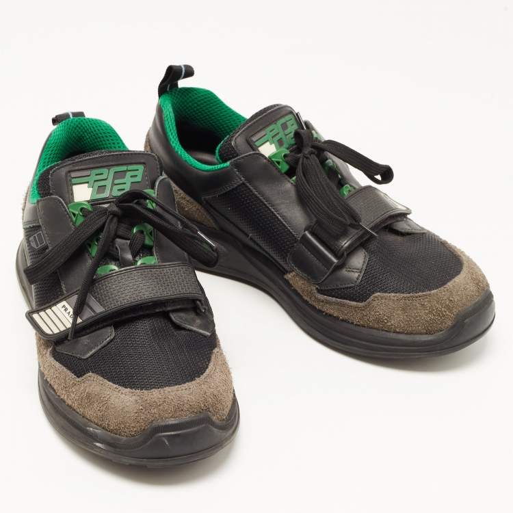 Pre Owned Prada Black/Green Leather and Mesh Mechano Sneakers Size 42.5 