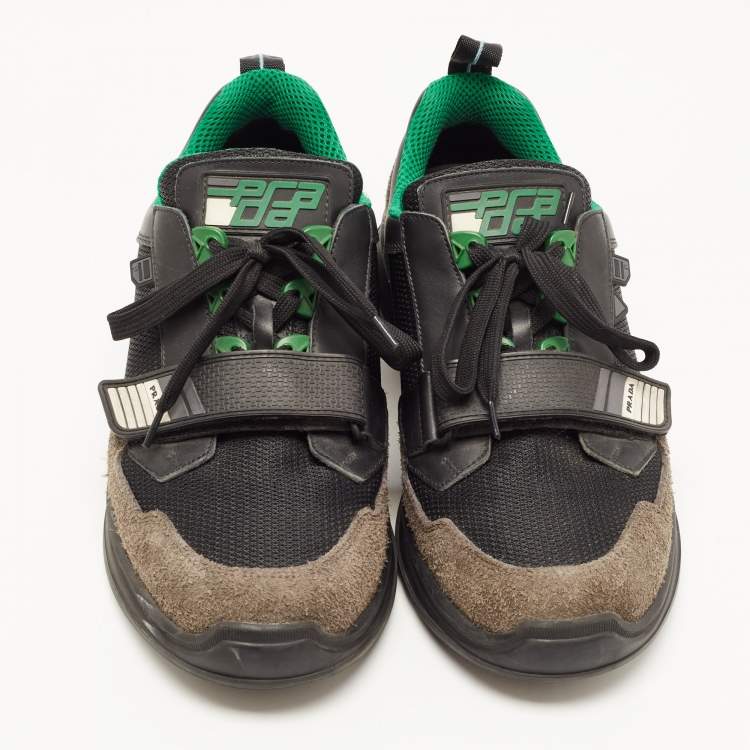 Pre Owned Prada Black/Green Leather and Mesh Mechano Sneakers Size 42.5 