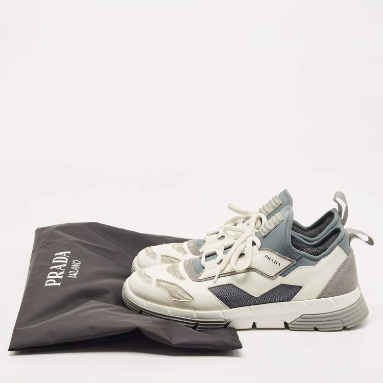 Pre Owned Prada White/Grey Leather and Mesh Low Top Sneakers Size 42.5