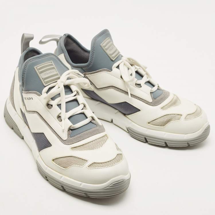 Pre Owned Prada White/Grey Leather and Mesh Low Top Sneakers Size 42.5