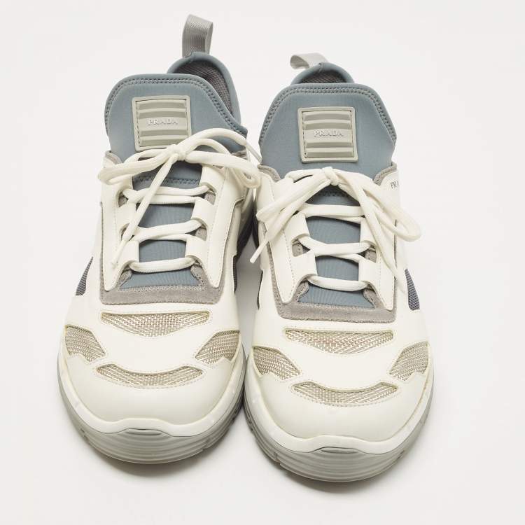 Pre Owned Prada White/Grey Leather and Mesh Low Top Sneakers Size 42.5