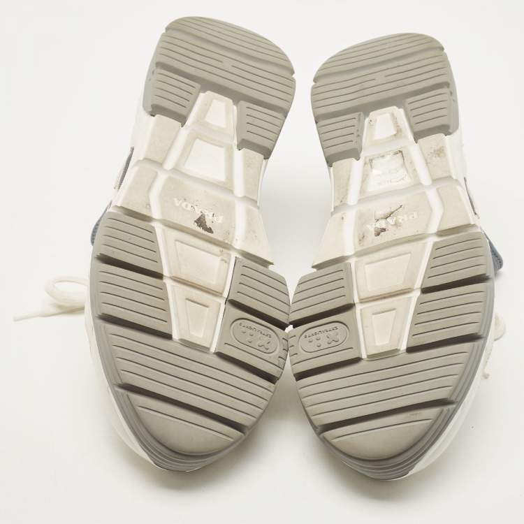 Pre Owned Prada White/Grey Leather and Mesh Low Top Sneakers Size 42.5