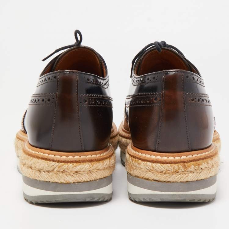 مملوكة مسبقًا Prada Brown Brogue Leather Derby Espadrille Sneakers Size 41