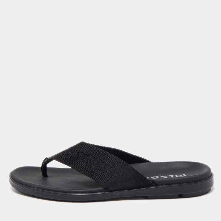 Pre Owned Prada Black Fabric and Leather Thong Flat Sandals Size 42
