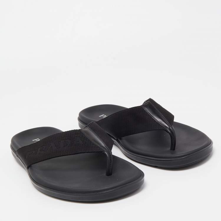 Pre Owned Prada Black Fabric and Leather Thong Flat Sandals Size 42