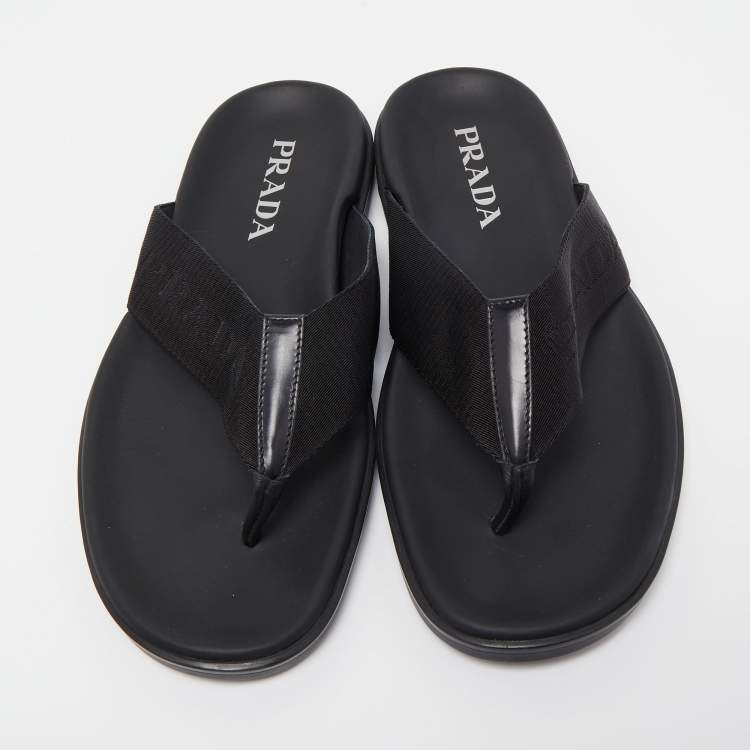 Pre Owned Prada Black Fabric and Leather Thong Flat Sandals Size 42