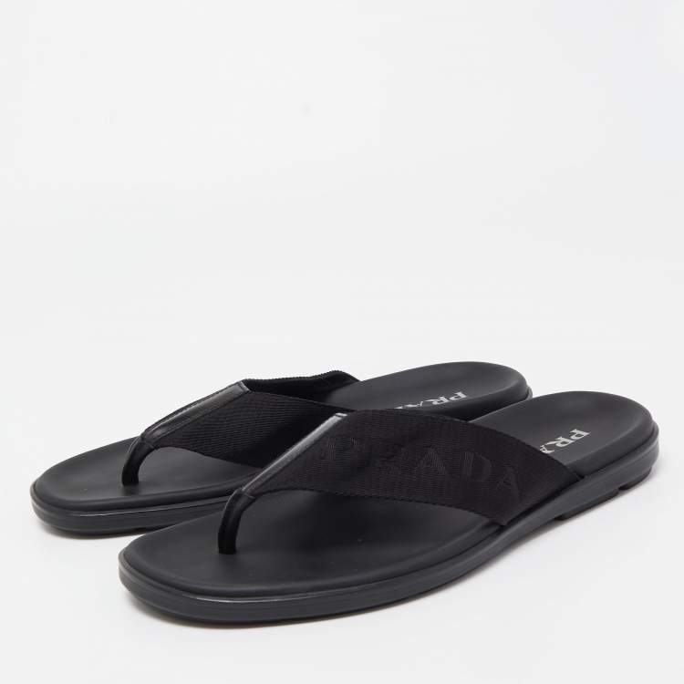 Pre Owned Prada Black Fabric and Leather Thong Flat Sandals Size 42