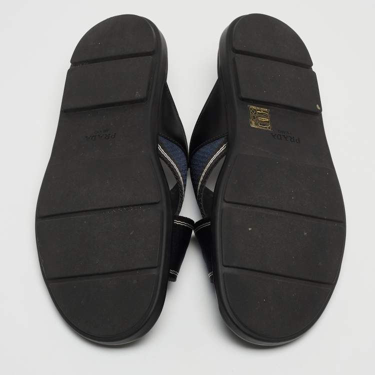 Pre Owned Prada Blue/Black Leather and Fabric Logo Tape Crisscross Slide Sandals Size 42