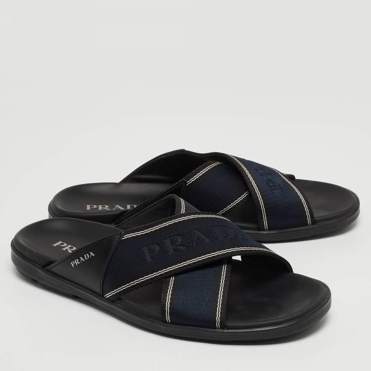 Pre Owned Prada Blue/Black Leather and Fabric Logo Tape Crisscross Slide Sandals Size 42