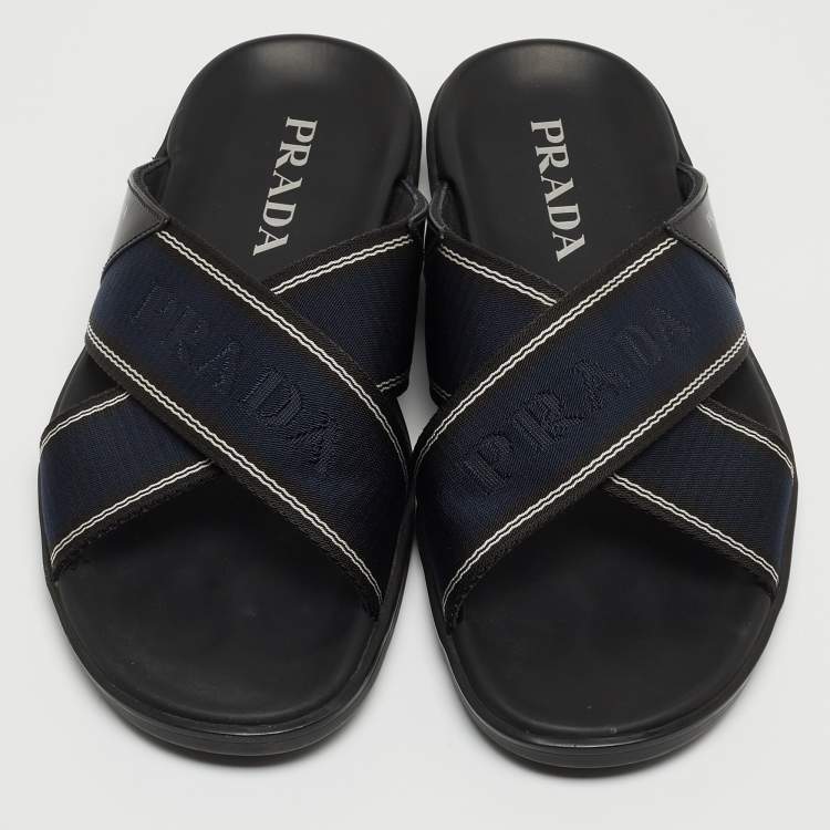 Pre Owned Prada Blue/Black Leather and Fabric Logo Tape Crisscross Slide Sandals Size 42