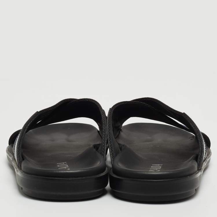 Pre Owned Prada Blue/Black Leather and Fabric Logo Tape Crisscross Slide Sandals Size 42