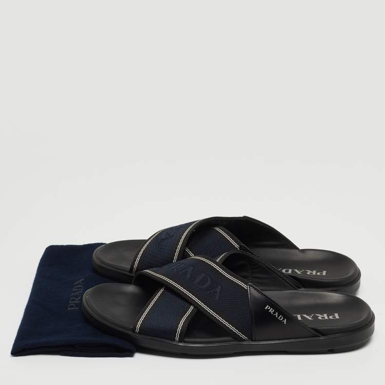 Pre Owned Prada Blue/Black Leather and Fabric Logo Tape Crisscross Slide Sandals Size 42