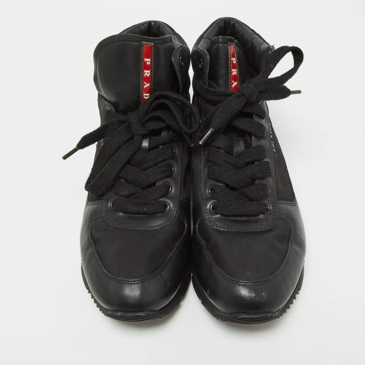 Pre Owned Prada Black Leather and Canvas High Top Sneakers Size 41