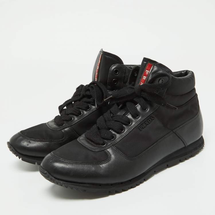 Pre Owned Prada Black Leather and Canvas High Top Sneakers Size 41