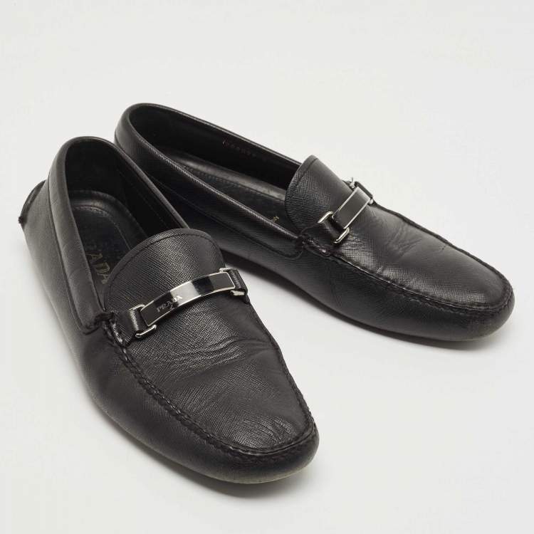Pre Owned Prada Black Leather Slip On Loafers Size 42
