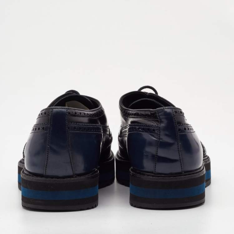 Pre Owned Prada Black/Navy Blue Patent Leather Brogue Oxford Sneakers Size 39