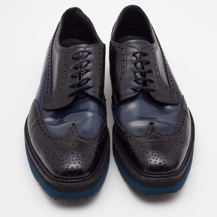 Pre Owned Prada Black/Navy Blue Patent Leather Brogue Oxford Sneakers Size 39
