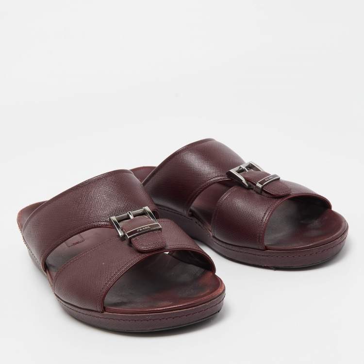Pre Owned Prada Burgundy Saffiano Leather Buckle Slide Sandals Size 43.5