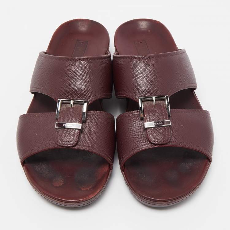 Pre Owned Prada Burgundy Saffiano Leather Buckle Slide Sandals Size 43.5