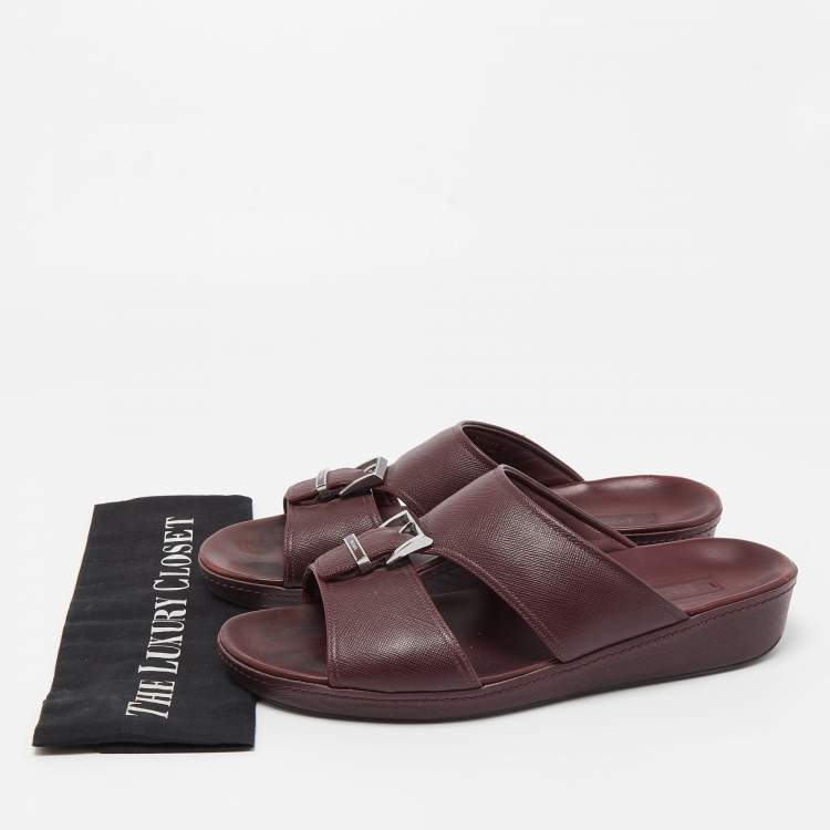 Pre Owned Prada Burgundy Saffiano Leather Buckle Slide Sandals Size 43.5