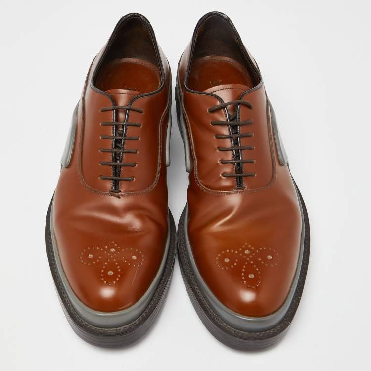 Pre Owned Prada Brown Leather Lace Up Oxfords Size 43.5 
