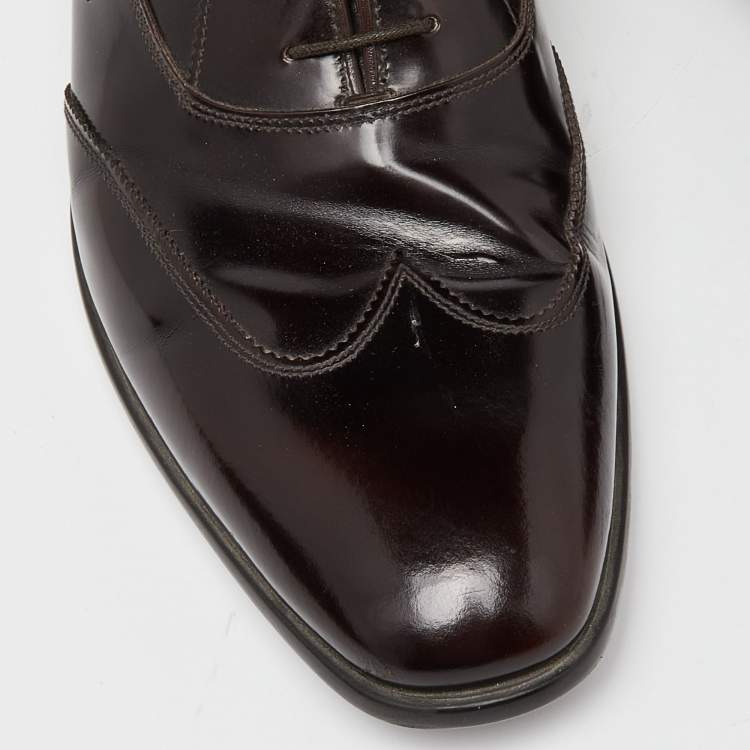 Pre Owned Prada Brown Patent Leather Lace Up Oxfords Size 43.5