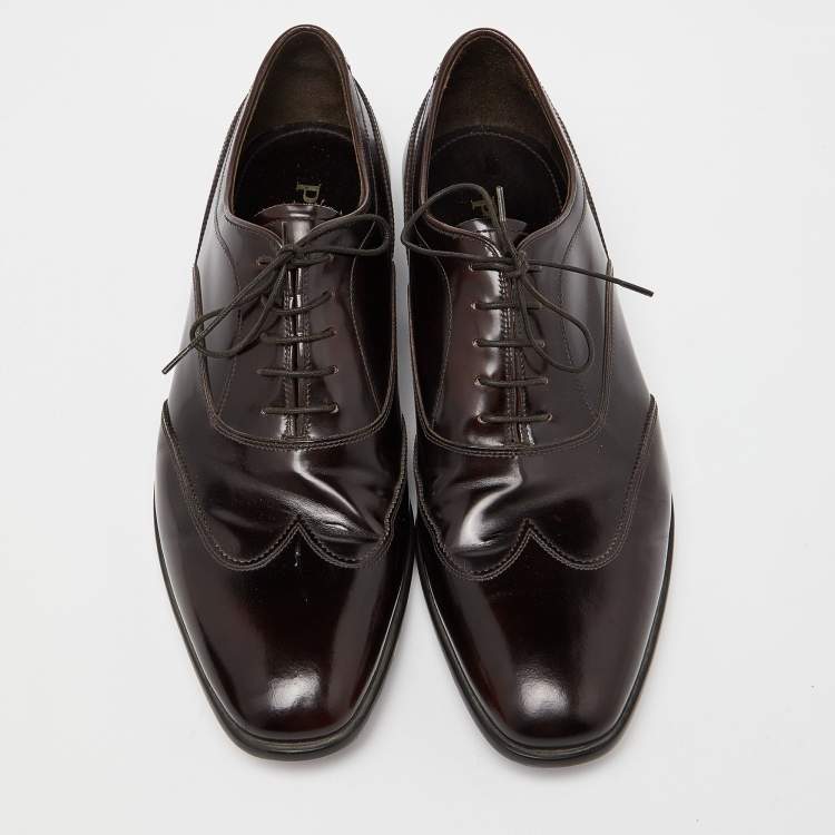 Pre Owned Prada Brown Patent Leather Lace Up Oxfords Size 43.5