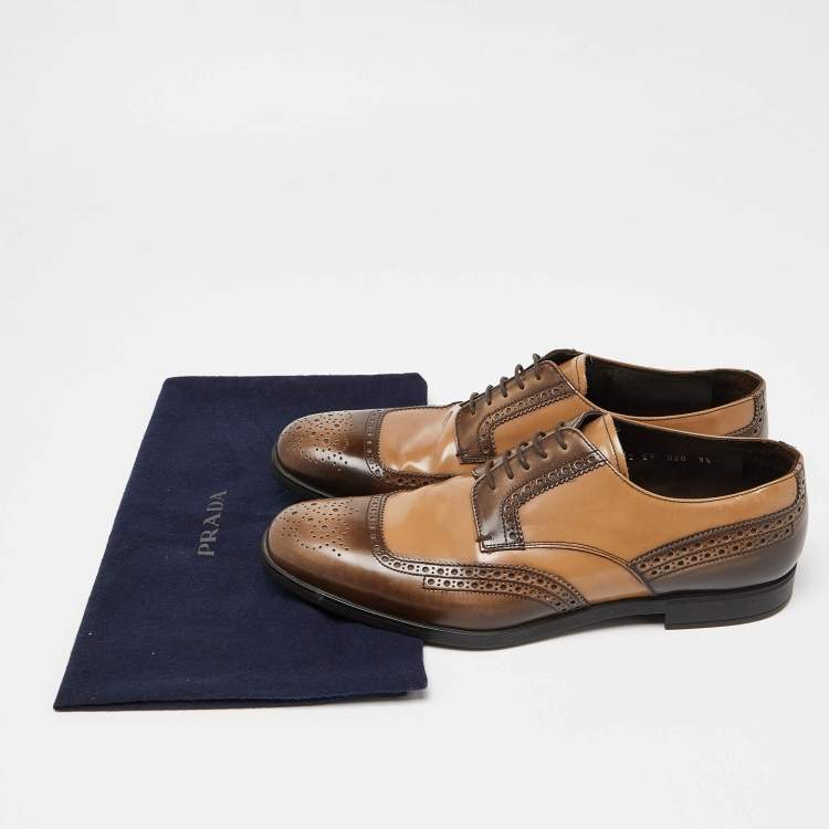 Pre Owned Prada Brown/Beige Brogue Leather Lace Up Derby Size 43.5 