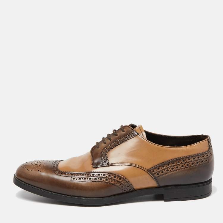 Pre Owned Prada Brown/Beige Brogue Leather Lace Up Derby Size 43.5 