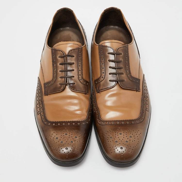 Pre Owned Prada Brown/Beige Brogue Leather Lace Up Derby Size 43.5 
