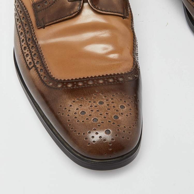 Pre Owned Prada Brown/Beige Brogue Leather Lace Up Derby Size 43.5 