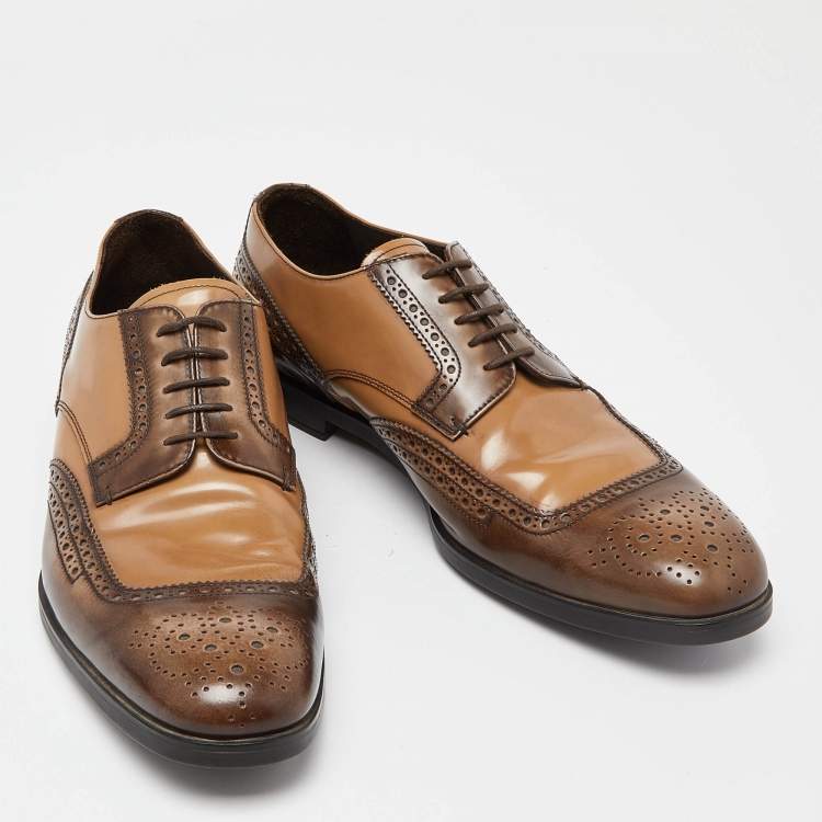Pre Owned Prada Brown/Beige Brogue Leather Lace Up Derby Size 43.5 