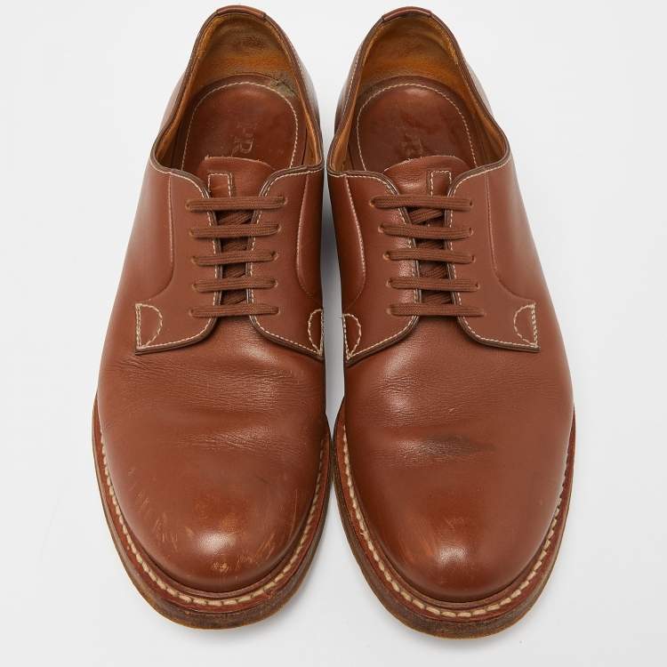Pre Owned Prada Brown Leather Lace Up Derby Size 43.5 