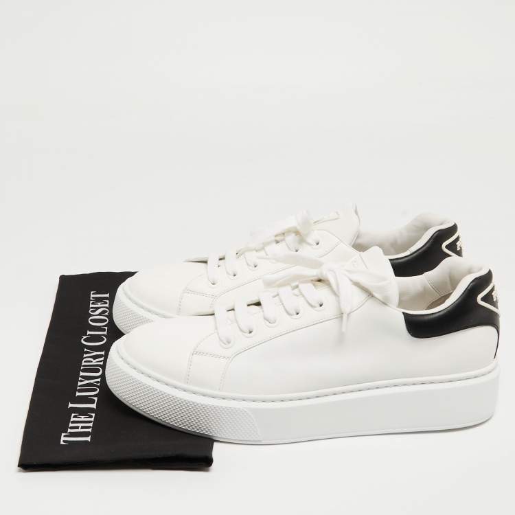 Pre Owned Prada White/Black Leather Macro Low Top Sneakers Size 42