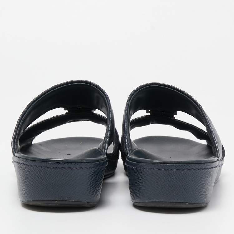 Pre Owned Prada Navy Blue Saffiano Leather Slides Size 40