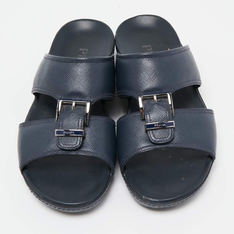 Pre Owned Prada Navy Blue Saffiano Leather Slides Size 40
