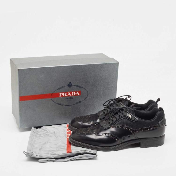 Pre Owned Prada Black Brogue Leather and Mesh Lace Up Oxford Size 41 