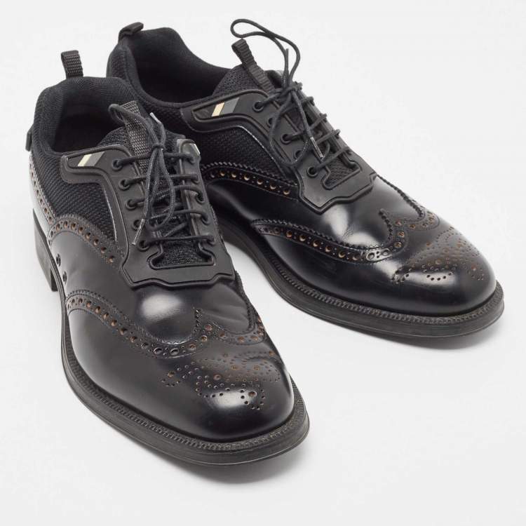 Pre Owned Prada Black Brogue Leather and Mesh Lace Up Oxford Size 41 
