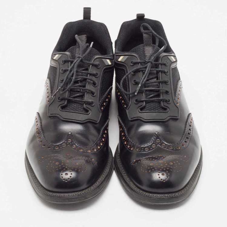 Pre Owned Prada Black Brogue Leather and Mesh Lace Up Oxford Size 41 