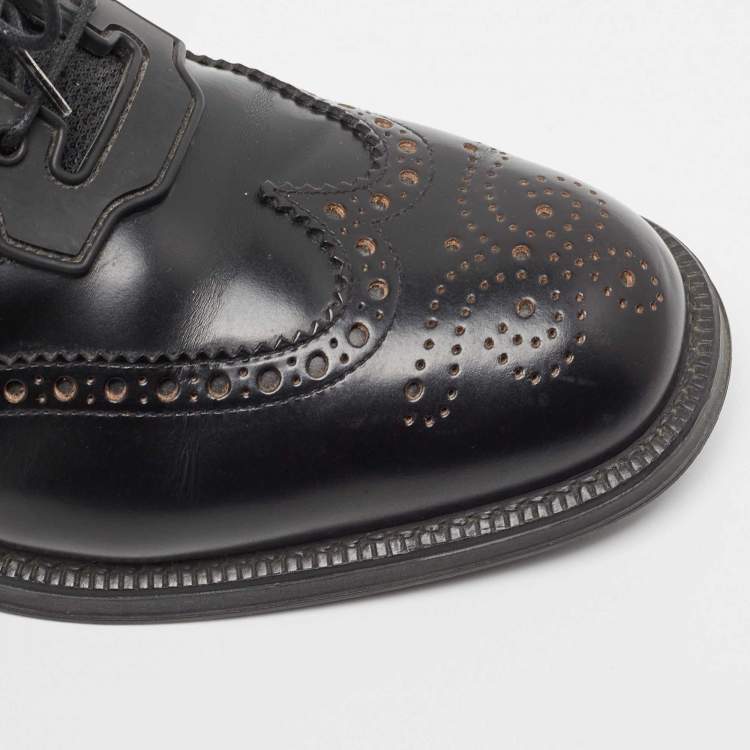 Pre Owned Prada Black Brogue Leather and Mesh Lace Up Oxford Size 41 